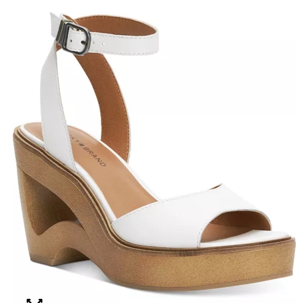 Lucky Brand White Leather Ankle-Strap Wedge Sandals with Tan Platform